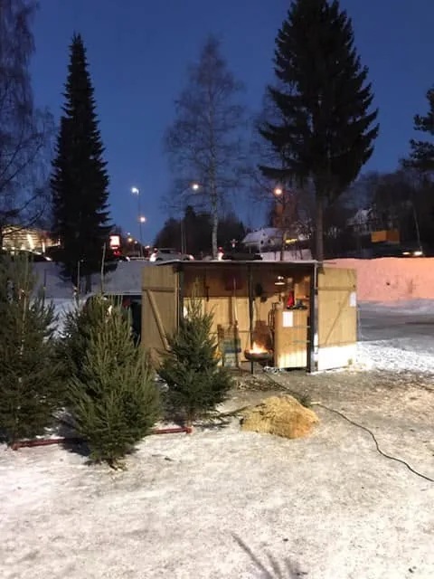 Koselig gårdssalgsbu ved juletrærne